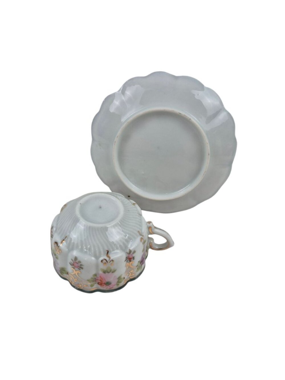 Tea Cup Saucer Set Porcelain Pink Purple Floral Design Green Trim Gold Accents - Picture 7 of 10